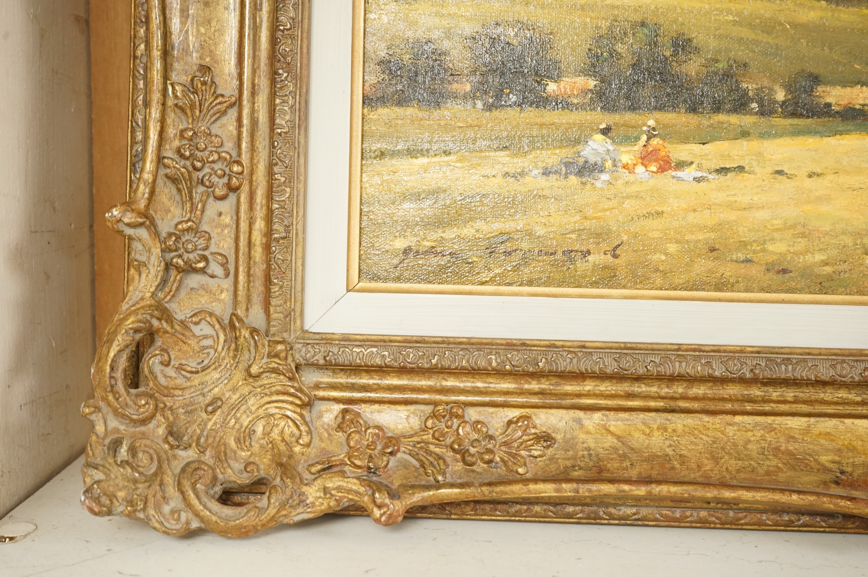 John Horwood (1934-1994), 'View of Hampstead Heath', signed, oil on canvas, details verso, 37 x 52cm, ornate gilt frame